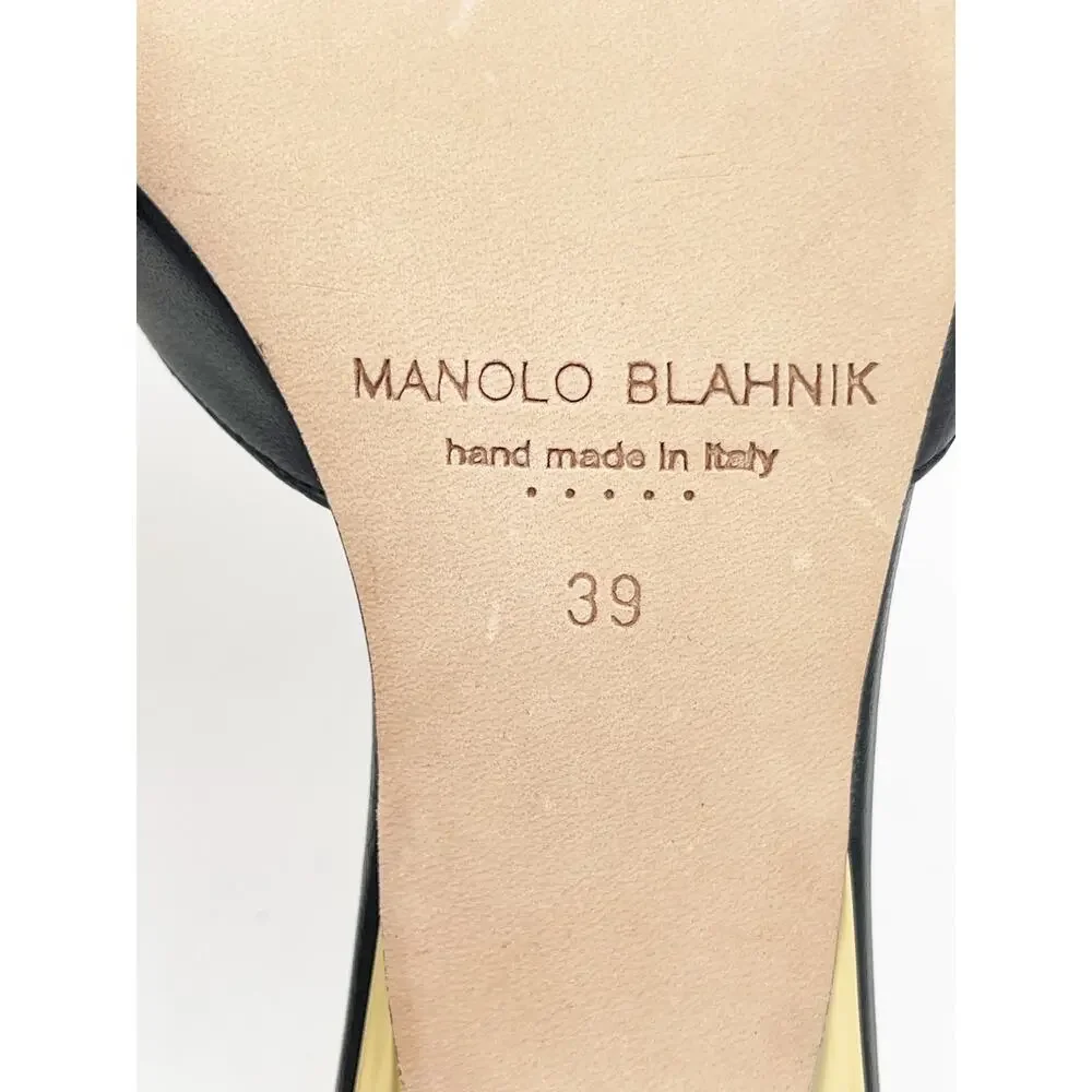 Manolo Blahnik Astria Black Gold Leather Crystal Ring Slide Mule Sandals IT 39
